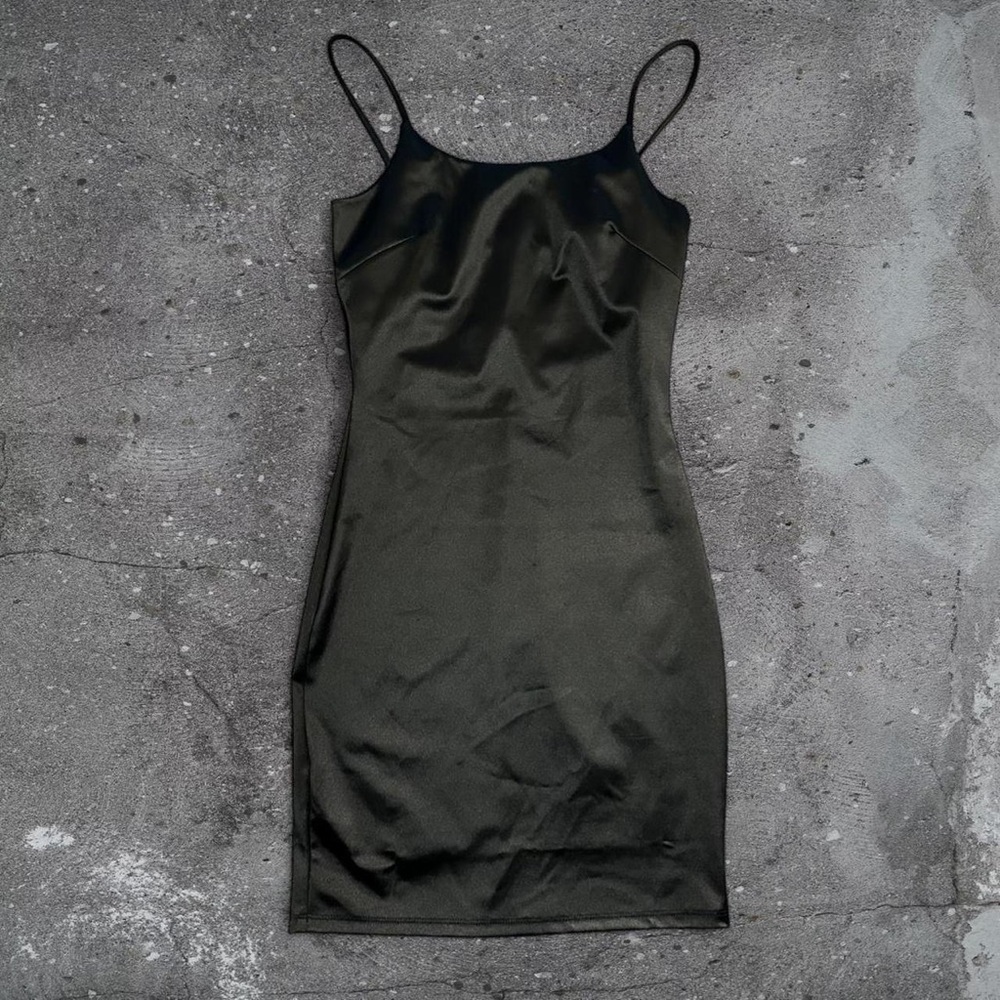 Black satin slip dress 90s minimalist coquette model off duty mini S